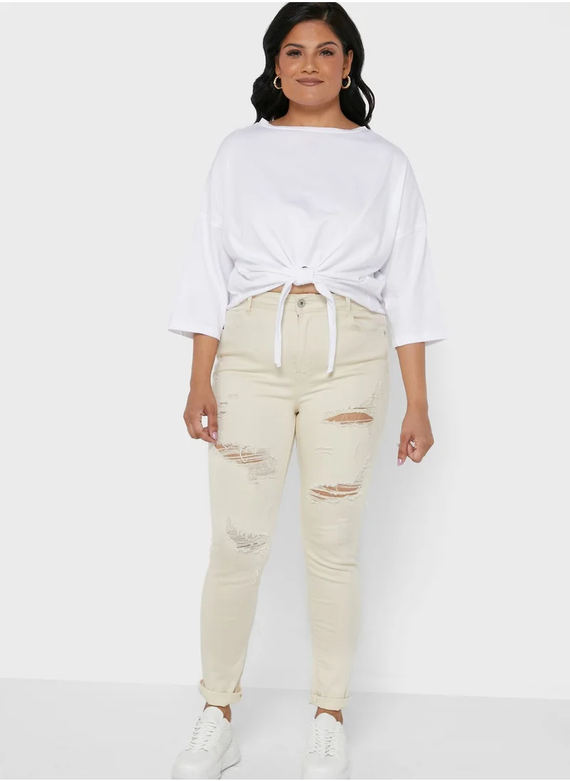 I Saw It First Curve Ecru Plus Size Rip Detail Stretch Skinny Jeans