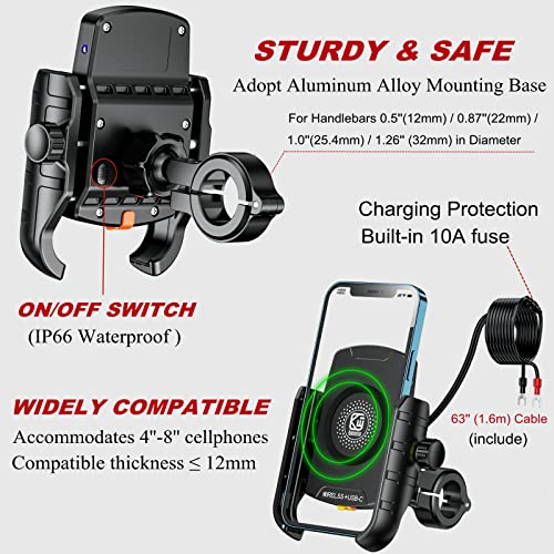 BRCOVAN Motorcycle Phone Mount Holder with Qi 15W Wireless Charger & PD/USB-C 20W Fast Charging Port, Waterproof Cellphone Cradle with Aluminum Alloy Handlebar Mounting Base for 4-8" Smartphone - Image 4