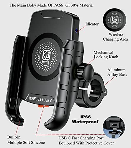 BRCOVAN Motorcycle Phone Mount Holder with Qi 15W Wireless Charger & PD/USB-C 20W Fast Charging Port, Waterproof Cellphone Cradle with Aluminum Alloy Handlebar Mounting Base for 4-8" Smartphone - Image 3