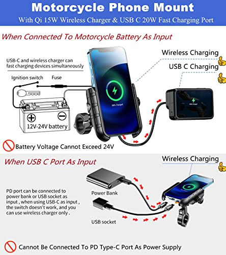 BRCOVAN Motorcycle Phone Mount Holder with Qi 15W Wireless Charger & PD/USB-C 20W Fast Charging Port, Waterproof Cellphone Cradle with Aluminum Alloy Handlebar Mounting Base for 4-8" Smartphone - Image 2