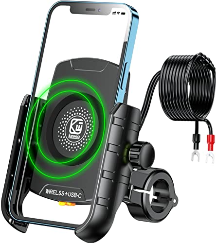 BRCOVAN Motorcycle Phone Mount Holder with Qi 15W Wireless Charger & PD/USB-C 20W Fast Charging Port, Waterproof Cellphone Cradle with Aluminum Alloy Handlebar Mounting Base for 4-8" Smartphone - Image 1