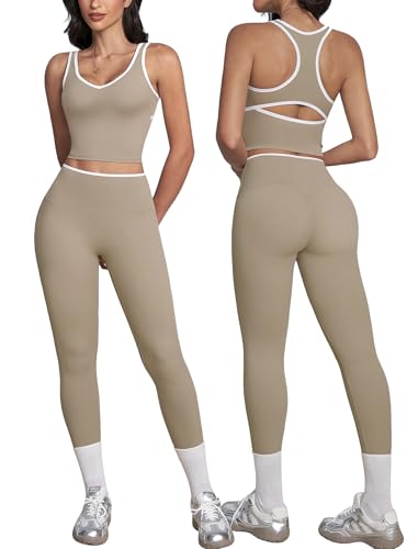 ABOCIW Workout Sets for Women Color Block Gym Set V Neck Racerback Tank Top Built in Bra High Waist Tummy Control Leggings Yoga Pilates Outfits Athletic Work Out Clothes Minky Medium - Image 1