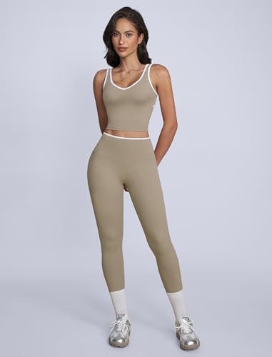 ABOCIW Workout Sets for Women Color Block Gym Set V Neck Racerback Tank Top Built in Bra High Waist Tummy Control Leggings Yoga Pilates Outfits Athletic Work Out Clothes Minky Medium - Image 3