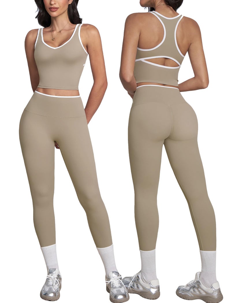 ABOCIW Workout Sets for Women Color Block Gym Set V Neck Racerback Tank Top Built in Bra High Waist Tummy Control Leggings Yoga Pilates Outfits Athletic Work Out Clothes Minky Medium - Image 2