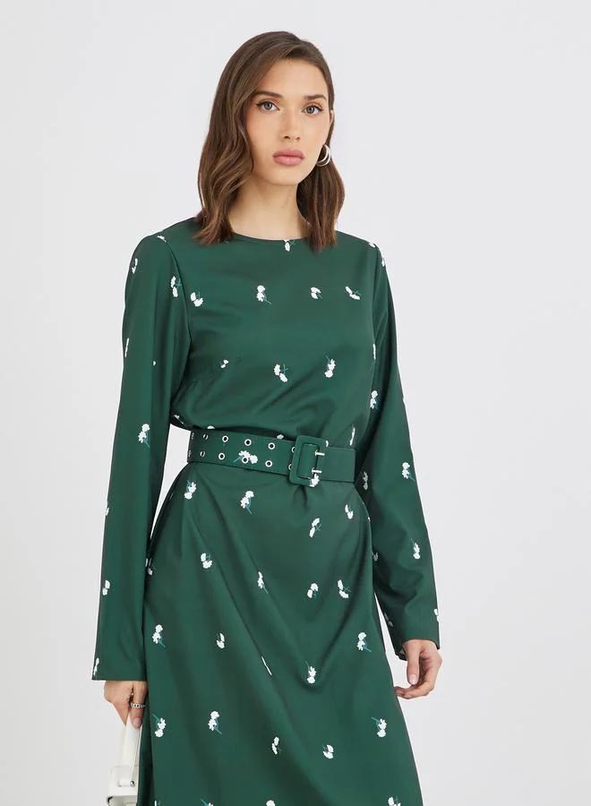 تايك تو Take Two Floral Print Round Neck Long Sleeve Belted Maxi Dress