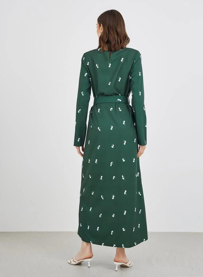 Take Two Take Two Floral Print Round Neck Long Sleeve Belted Maxi Dress