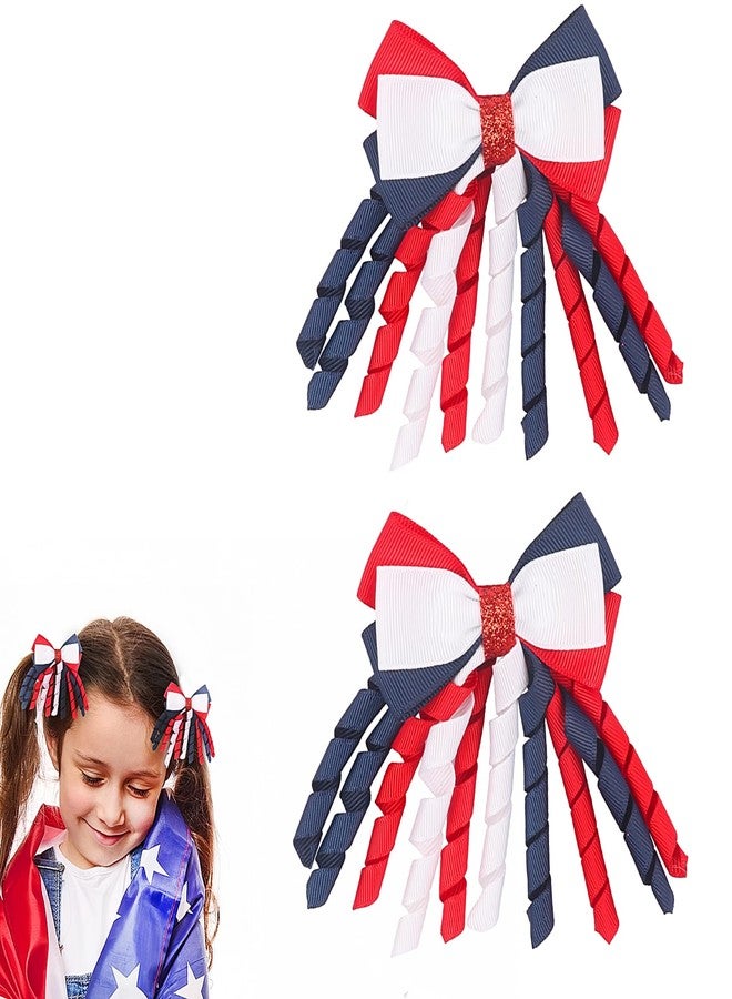 DIUEWOW 2PCS 4th of July Cheer Hair Bows 8inch 4th of July Independence Day Ponytail Holder Hair Ties Patriotic Flag Festival Hair Bow With Elastic Ponytail Holder Stars and Stripes Hair Tie Band - Image 1