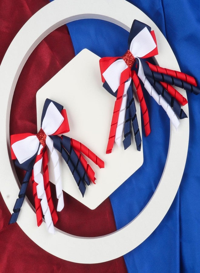DIUEWOW 2PCS 4th of July Cheer Hair Bows 8inch 4th of July Independence Day Ponytail Holder Hair Ties Patriotic Flag Festival Hair Bow With Elastic Ponytail Holder Stars and Stripes Hair Tie Band - Image 2