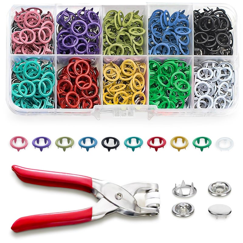 Forimaluence 200 Sets Metal Snap Buttons with Fastener Pliers Press Tool Kit,Multicolor Mixing Hollow Sewing Snaps for Fabric,Prong Snap Button Kits for DIY Crafting Clothing Sewing (9.5mm / 800 PCS) - Image 1