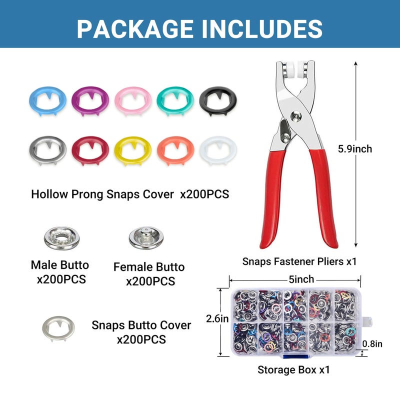 Forimaluence 200 Sets Metal Snap Buttons with Fastener Pliers Press Tool Kit,Multicolor Mixing Hollow Sewing Snaps for Fabric,Prong Snap Button Kits for DIY Crafting Clothing Sewing (9.5mm / 800 PCS) - Image 2