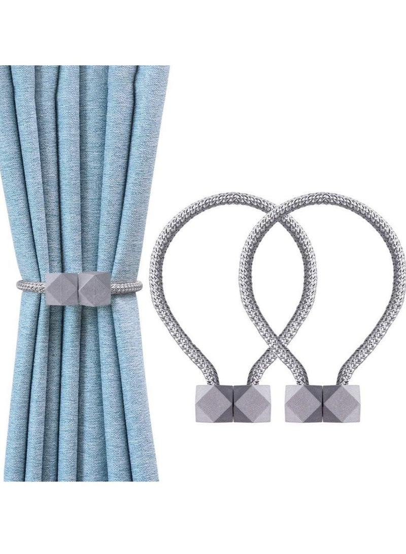 Beauenty 2 Pack Strong Magnetic Curtain Tiebacks Clips Octagon Style Window Curtain Holdbacks Unique Designed Tie Backs for Curtain Drape Holder Braided Rope Holdback 16 inch (Gray) - Image 1