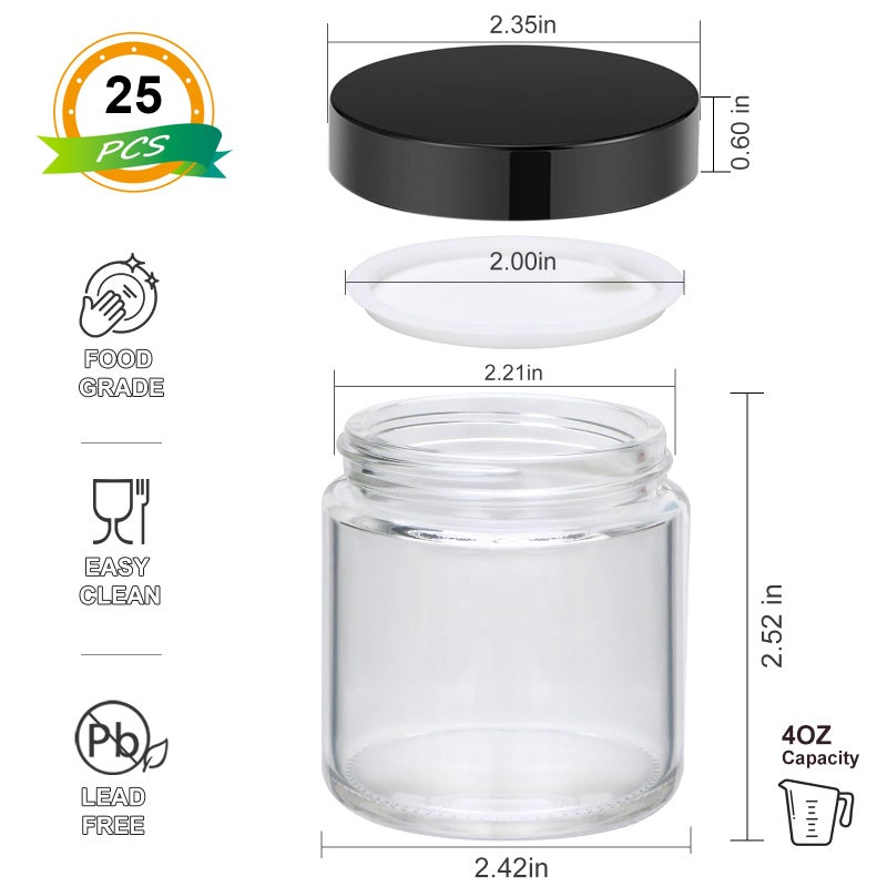 Encheng 12Pack Of 4 Oz Clear Round Glass Jars  With Inner Liners And Black Lids Empty Cosmetic Containers Cream Jars - Image 2
