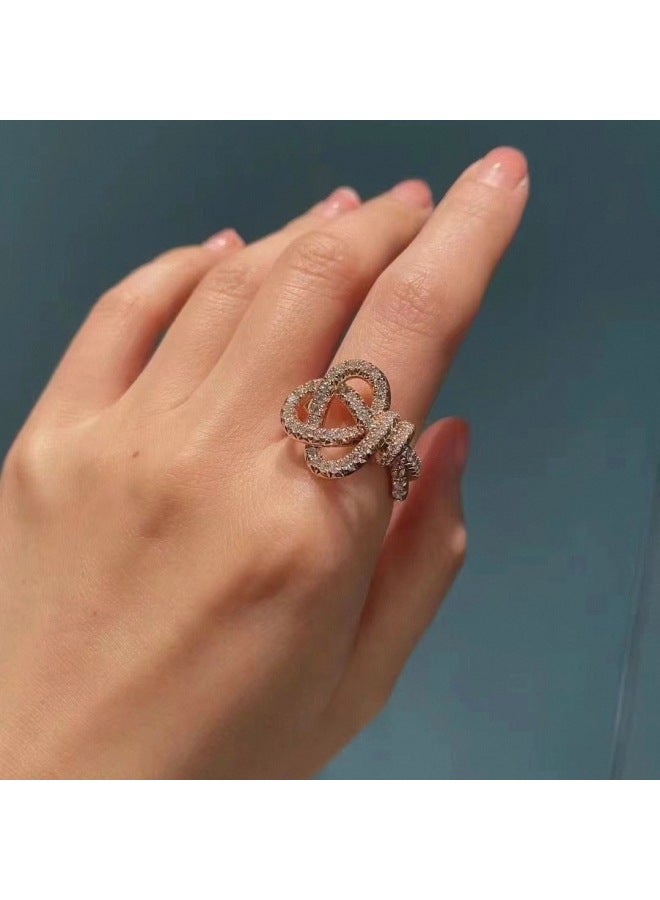 Т New Keys Woven Full Diamond Key Ring Women Rose Gold Rope Knot Ring Index Finger V Gold High Version