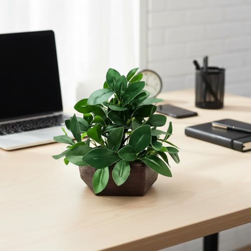 fancymart Artificial Ficus Leaves in Wood Hexagon Pot - 20cm Height - Home & Office Decor Elegant Potted Plant for Tabletop Enhancement (Pack of 1) - Image 2