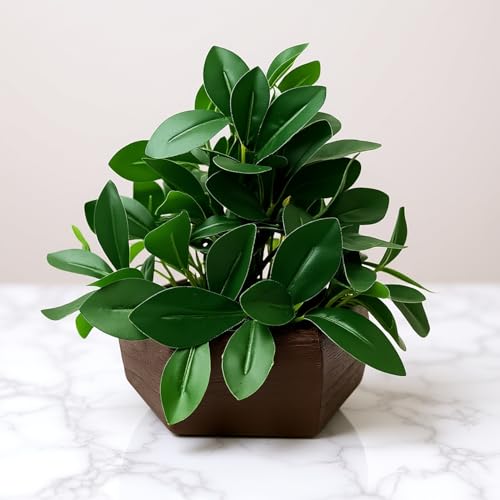 fancymart Artificial Ficus Leaves in Wood Hexagon Pot - 20cm Height - Home & Office Decor Elegant Potted Plant for Tabletop Enhancement (Pack of 1) - Image 3