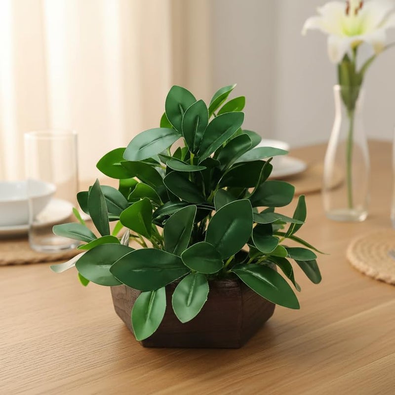 fancymart Artificial Ficus Leaves in Wood Hexagon Pot - 20cm Height - Home & Office Decor Elegant Potted Plant for Tabletop Enhancement (Pack of 1) - Image 1