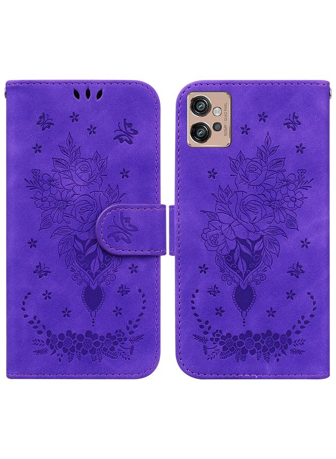 اس-توب جراب لهاتف موتورولا موتو جي 32 مصنوع من الجلد المنقوش بنقشة الفراشة الوردية - Image 1