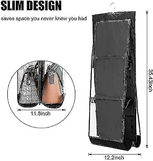 Everbuy® 6 Pocket Foldable Hanging Purse Handbag Organizer for Storage Ladies Women Large Clear Hand Bag Storage Organizer(Black) - Image 5