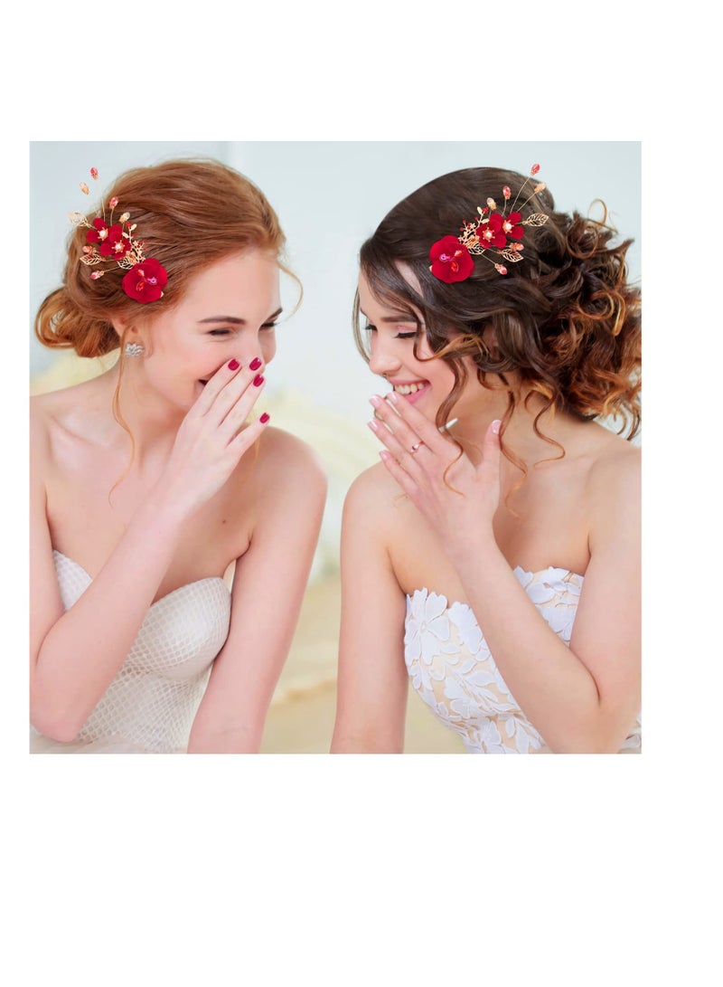 Excefore Red Rose Flower Hair Clips, Red Wedding Hair Clip for Bridal, Side Combs Women Hair Jewelry Accessories, Perfect for Weddings, Anniversaries, and Special Occasions - Image 5