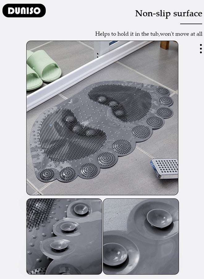 DUNISO حصيرة حمام مضادة للانزلاق بشكل قدم، حصيرة استحمام، حصيرة مقاومة للماء، حصيرة تدليك للقدم مع فتحات تصريف وأكواب شفط 33*58 سم، حصيرة استحمام للبانيو، المرحاض وأرضيات الحمام - رمادي - Image 2