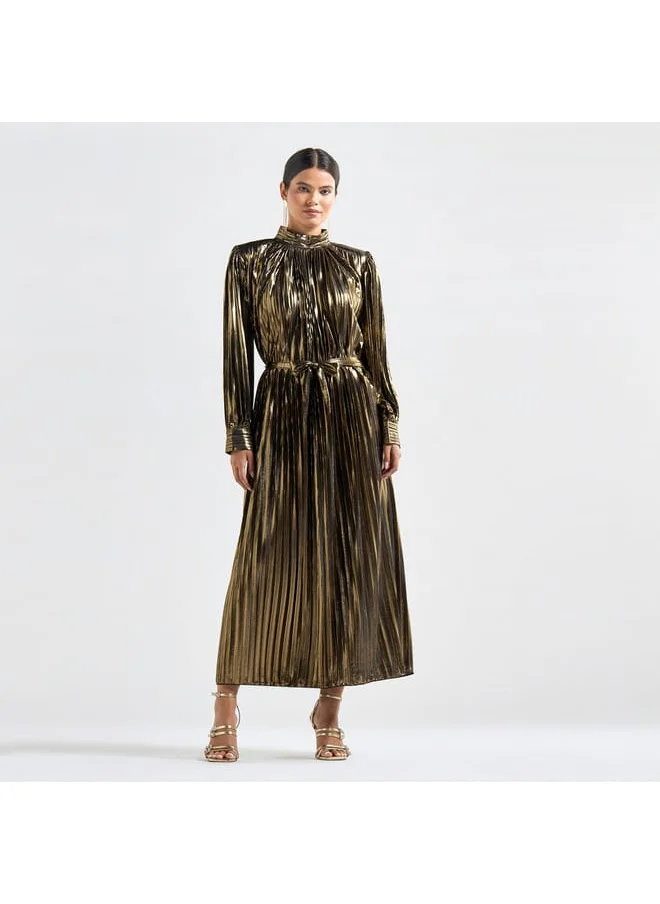 FAV Pleated High Neck A-line Dress with Long Sleeves and Tie-Up Belt