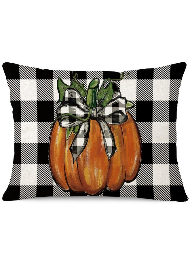 Coeufuedy White and Black Buffalo Check Plaids Fall Lumbar Pillow Covers 12 x 20 Inch Orange Pumpkin Farmhouse Thanksgiving Decorative Cushion Case for Sofa Couch Living Room