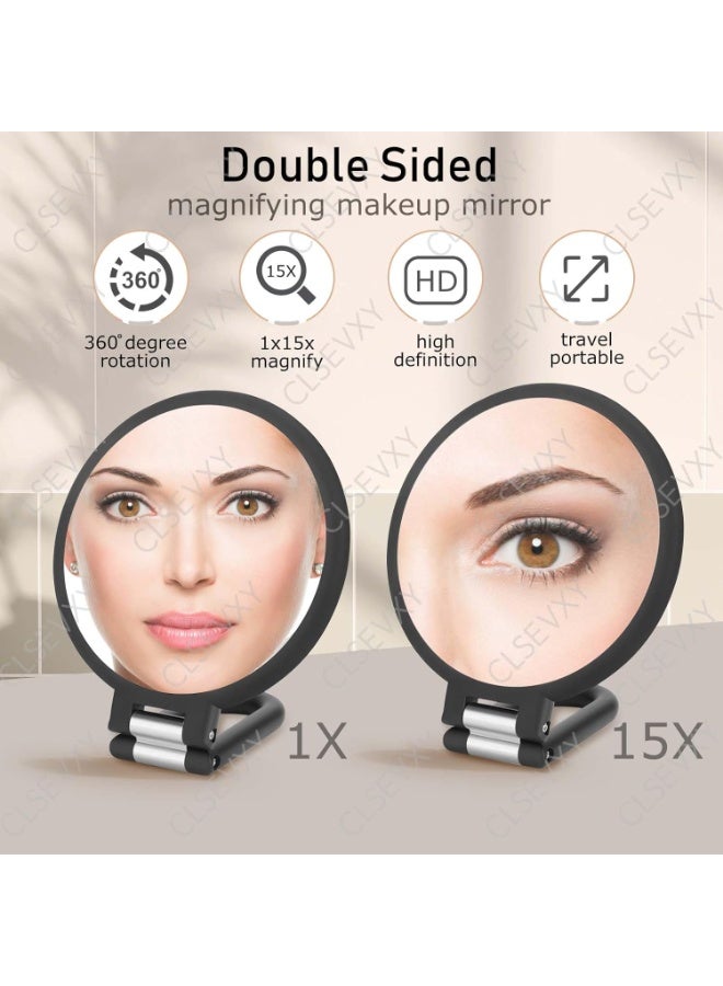 Y Double Sided Magnifying Mirror, 1X & 15X, Folding Hand Held, 360° Rotation Pedestal Vanity Mirror - Image 2