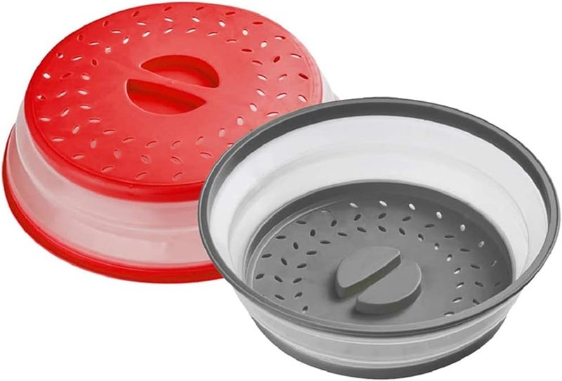 GLICPIX Collapsible Microwave Cover for Food Microwave Splatter Cover Fruit Drainer BPA-Free Dishwasher Safe 10.5 inch (GREY&RED - Image 1