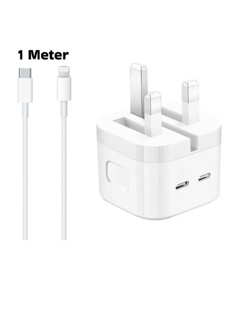 iPhone Charger 50W USB-C Dual Port Power Adapter iPhone Fast Charger With Type-C To Lightning Cable 1 Meter White USB C Wall Fast Charger Compatible With iPhone All Models Best For iPhone 14 Series