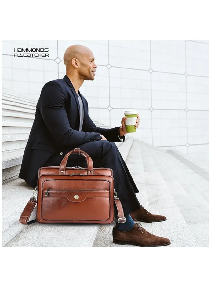 HAMMONDS FLYCATCHER Genuine Leather Expandable Office Bag for Men with Trolley Strap, Adjustable Strap, 15.6 Inch Leather Laptop Bag for Men for Office, Travel, Daily Use
