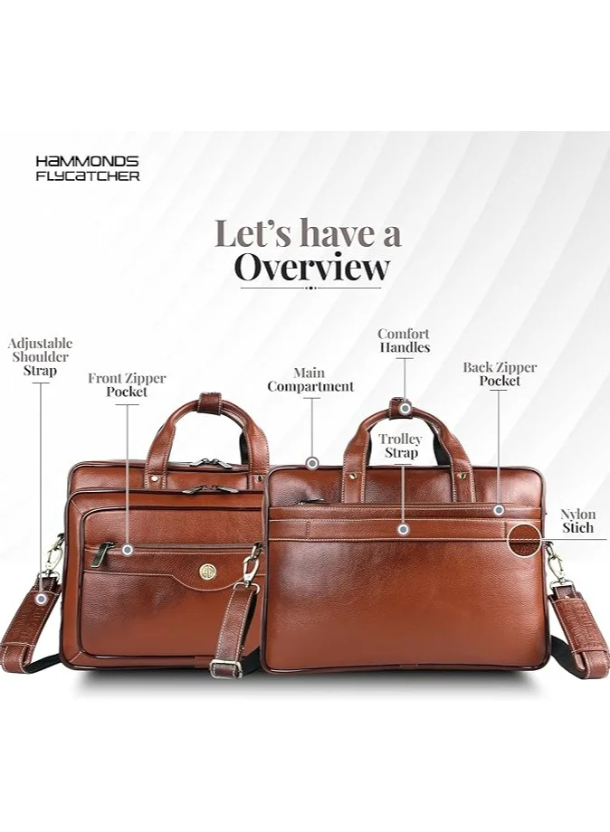 Hammonds Flycatcher  Genuine Leather Expandable Office Bag for Men with Trolley Strap, Adjustable Strap, 15.6 Inch Leather Laptop Bag for Men for Office, Travel, Daily Use  | Best Price UAE