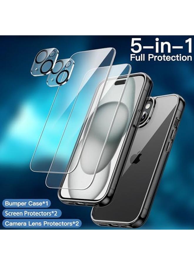 جي تيك جراب 5 في 1 لهاتف Iphone 15 مقاس 6.1 بوصة مع قطعتين من واقي الشاشة الزجاجي المقوى وواقي عدسة الكاميرا، غطاء هاتف مضاد للصدمات غير قابل للاصفرار، أسود - Image 3