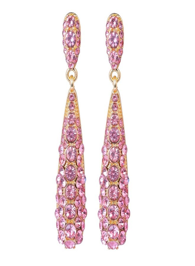YINLI Gorgeous Wedding Bridal Long Rhinestone Crystal Teardrop Dangle Earrings for Women (Pink) - Image 1
