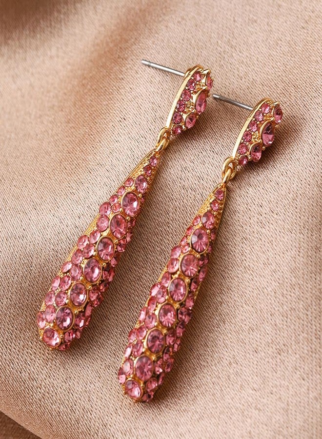 YINLI Gorgeous Wedding Bridal Long Rhinestone Crystal Teardrop Dangle Earrings for Women (Pink) - Image 3