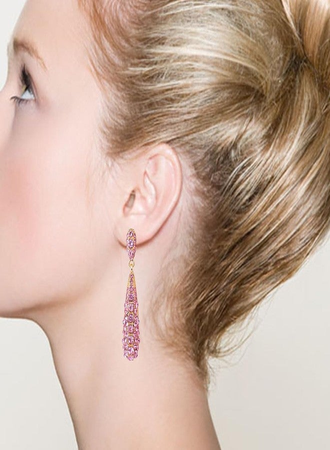 YINLI Gorgeous Wedding Bridal Long Rhinestone Crystal Teardrop Dangle Earrings for Women (Pink) - Image 2