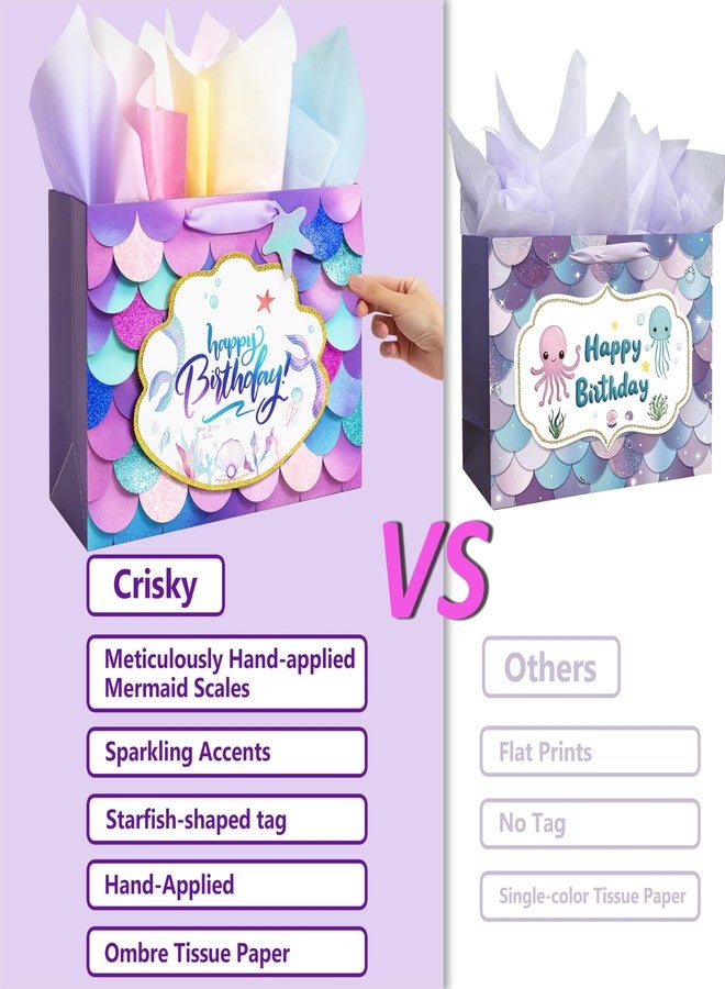 Crisky Mermaid Birthday Gift Bags for Girls with Tissue Paper and Seashell Card - 3 D Bling Design - Mermaid Gift Bag for Kids Women Birthday Decorations Purple Party Supplies Gifts Ideas - Image 3