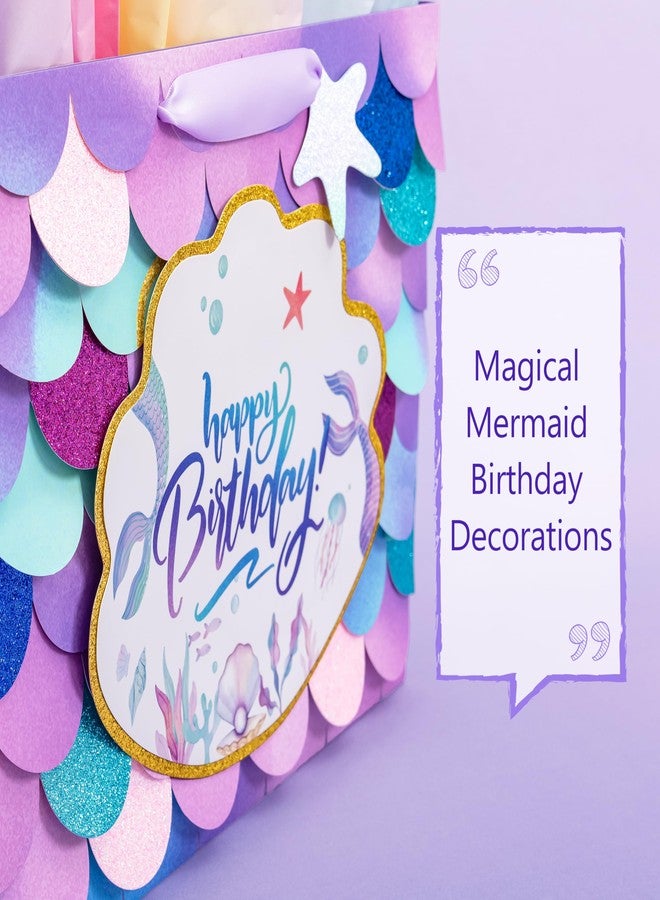 Crisky Mermaid Birthday Gift Bags for Girls with Tissue Paper and Seashell Card - 3 D Bling Design - Mermaid Gift Bag for Kids Women Birthday Decorations Purple Party Supplies Gifts Ideas - Image 5