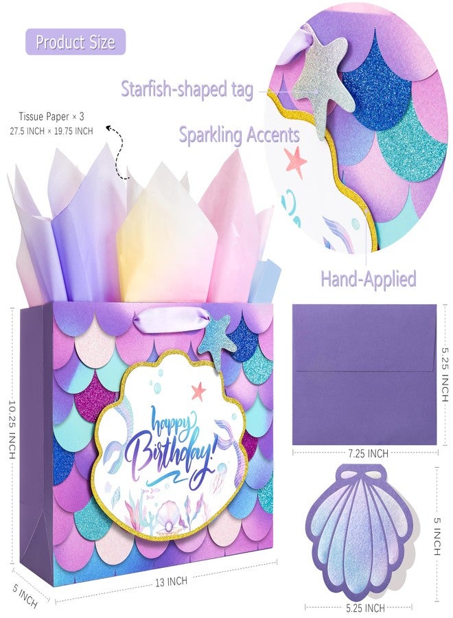 Crisky Mermaid Birthday Gift Bags for Girls with Tissue Paper and Seashell Card - 3 D Bling Design - Mermaid Gift Bag for Kids Women Birthday Decorations Purple Party Supplies Gifts Ideas - Image 2