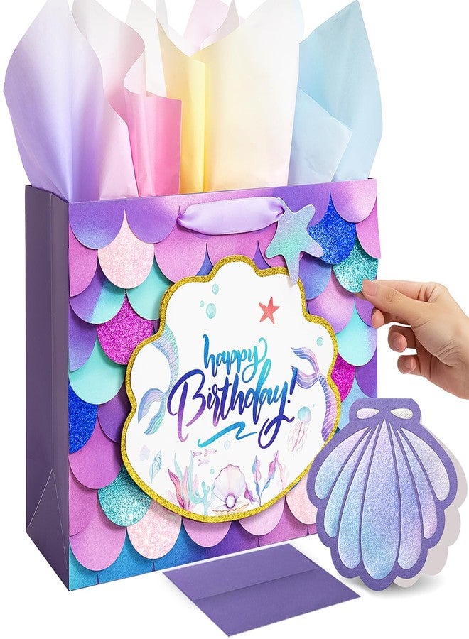 Crisky Mermaid Birthday Gift Bags for Girls with Tissue Paper and Seashell Card - 3 D Bling Design - Mermaid Gift Bag for Kids Women Birthday Decorations Purple Party Supplies Gifts Ideas - Image 1