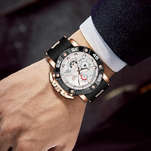 LIGE Men's Chronograph Watch, Multifunction Sport Watch with Stopwatch, Date, Luminous Hands, Water Resistant Rose Case Black Silicone Strap Wristwatch for Outdoor - Image 2