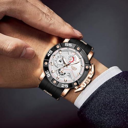 LIGE Men's Chronograph Watch, Multifunction Sport Watch with Stopwatch, Date, Luminous Hands, Water Resistant Rose Case Black Silicone Strap Wristwatch for Outdoor - Image 5