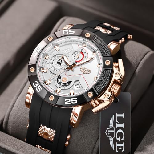 LIGE Men's Chronograph Watch, Multifunction Sport Watch with Stopwatch, Date, Luminous Hands, Water Resistant Rose Case Black Silicone Strap Wristwatch for Outdoor - Image 3
