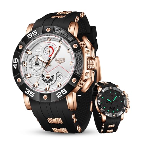 LIGE Men's Chronograph Watch, Multifunction Sport Watch with Stopwatch, Date, Luminous Hands, Water Resistant Rose Case Black Silicone Strap Wristwatch for Outdoor - Image 1