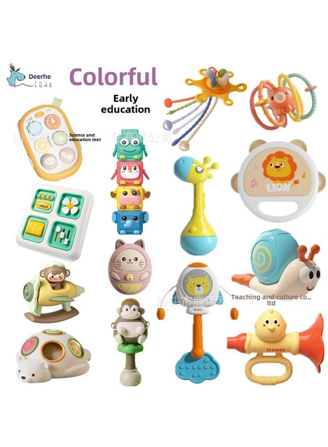 Infants Coax Baby To Turn Happy Busy Board Hand Catch Ball Early Education Whistle Stack High Tambourine Rattle Baby Toy-Color:Blue-kitten Tumbler-color Box - Image 2