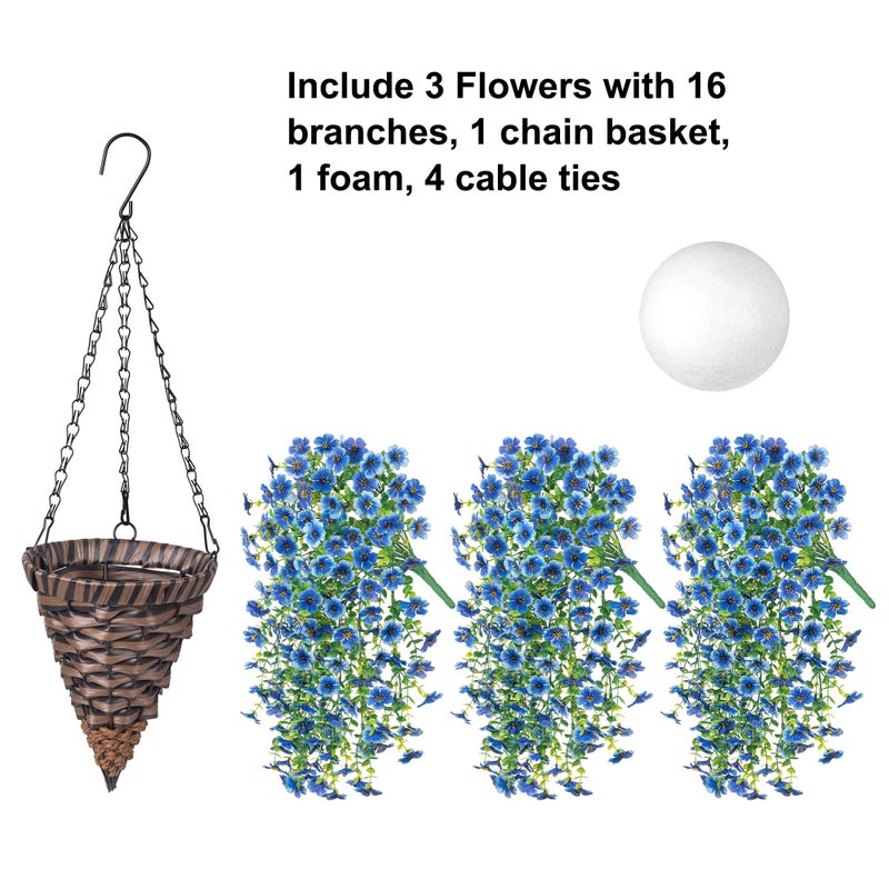 HyeFlora Artificial Hanging Flowers Basket for Outdoor, Fake Flowers Faux Plants Look Real for Yard Gardens Porch Patio Home (Blue) - Image 3