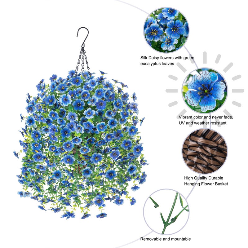 HyeFlora Artificial Hanging Flowers Basket for Outdoor, Fake Flowers Faux Plants Look Real for Yard Gardens Porch Patio Home (Blue) - Image 2