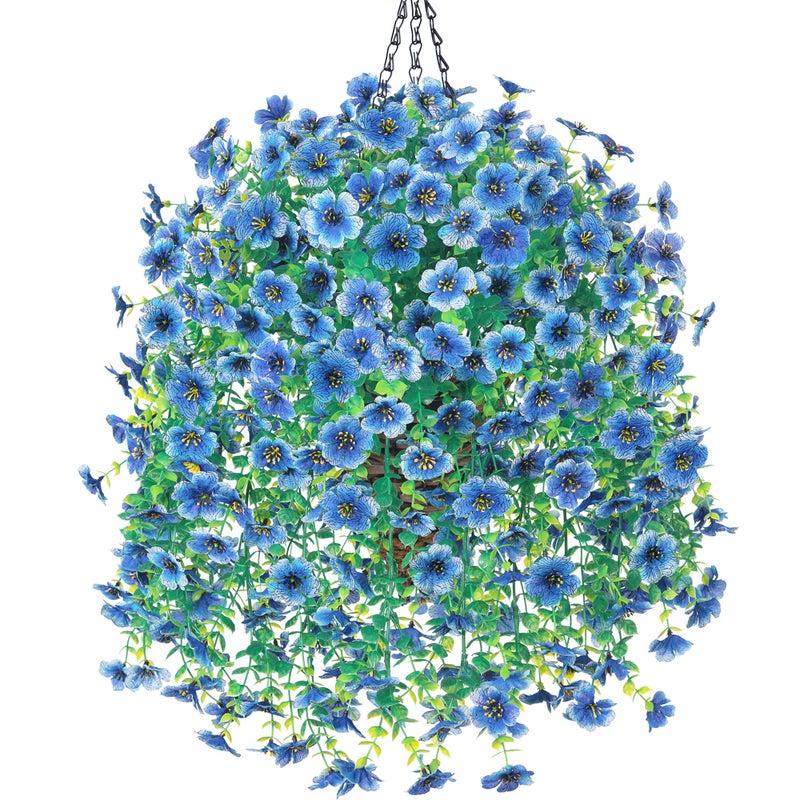 HyeFlora Artificial Hanging Flowers Basket for Outdoor, Fake Flowers Faux Plants Look Real for Yard Gardens Porch Patio Home (Blue) - Image 1