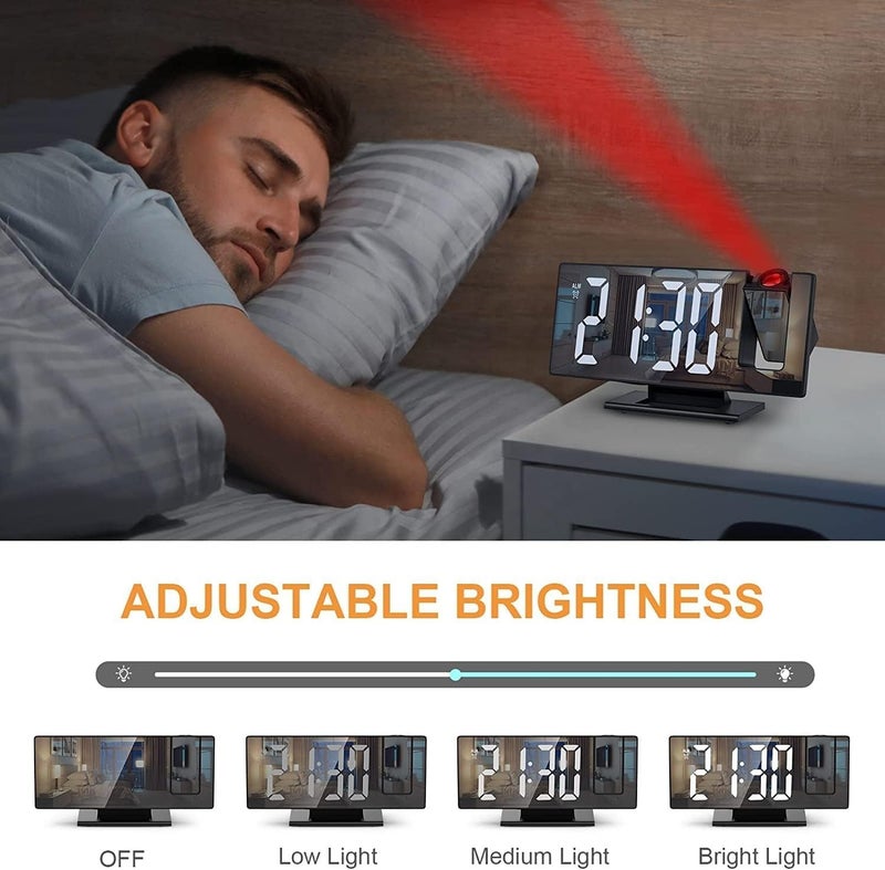Digital Alarm Clock with 180° Projector, Large LED Mirror Display, Time, Date and Temperature, 3 Brightness Levels and Snooze for Bedroom, Office and Home (White) - Image 3
