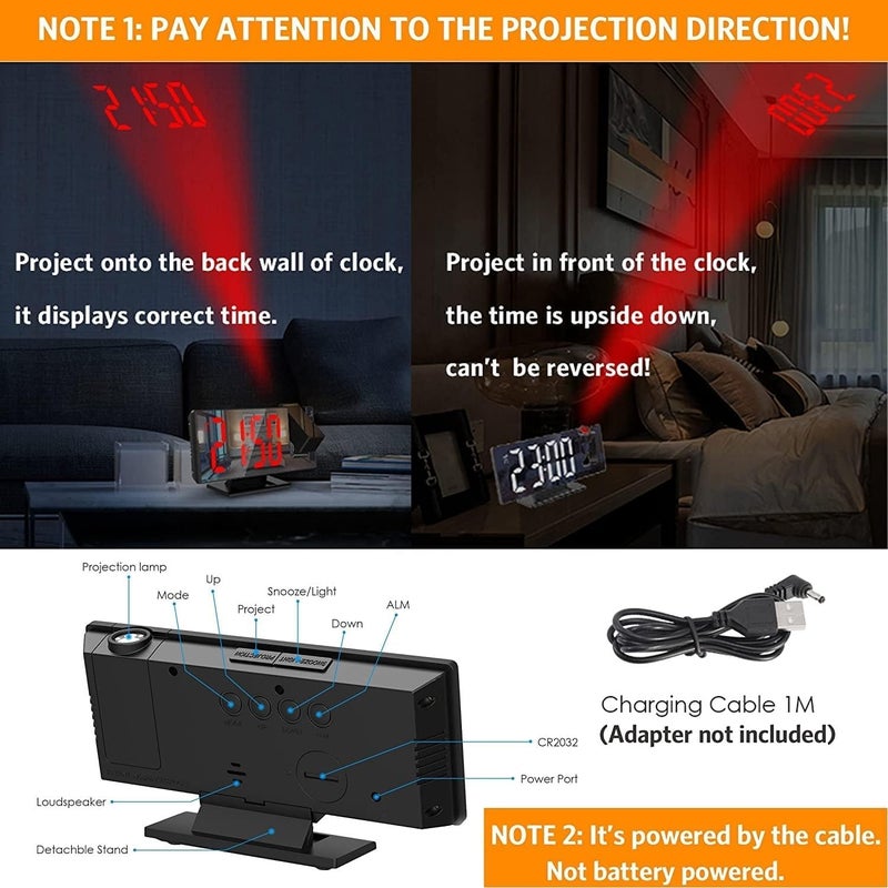 Digital Alarm Clock with 180° Projector, Large LED Mirror Display, Time, Date and Temperature, 3 Brightness Levels and Snooze for Bedroom, Office and Home (White) - Image 1