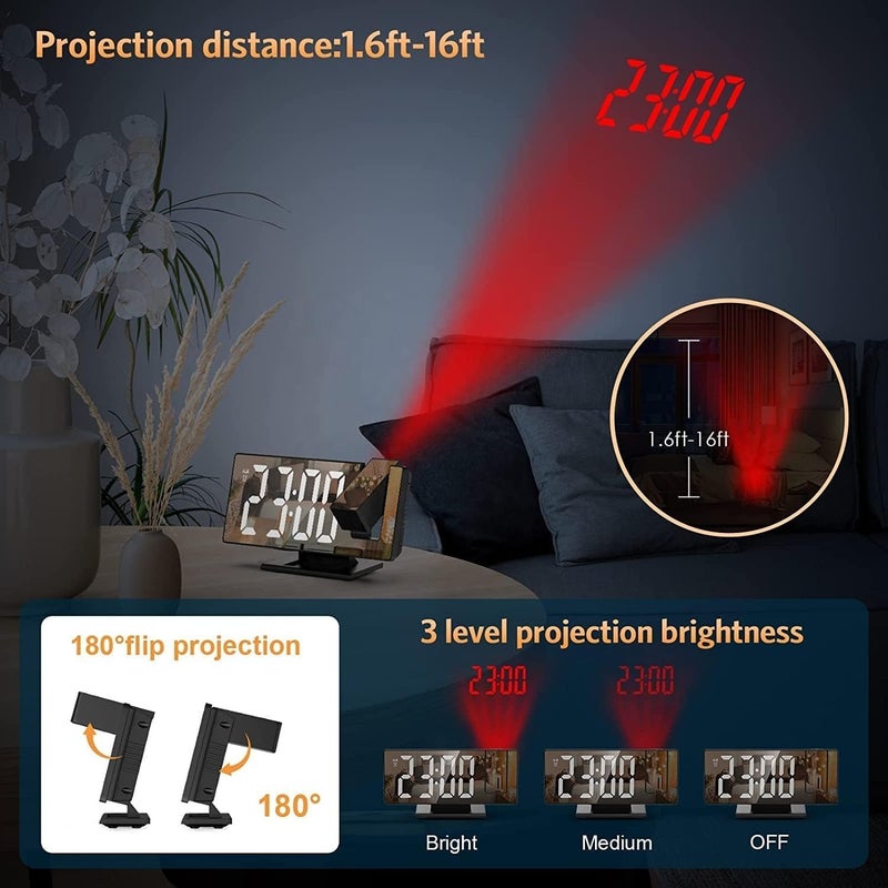 Digital Alarm Clock with 180° Projector, Large LED Mirror Display, Time, Date and Temperature, 3 Brightness Levels and Snooze for Bedroom, Office and Home (White) - Image 2